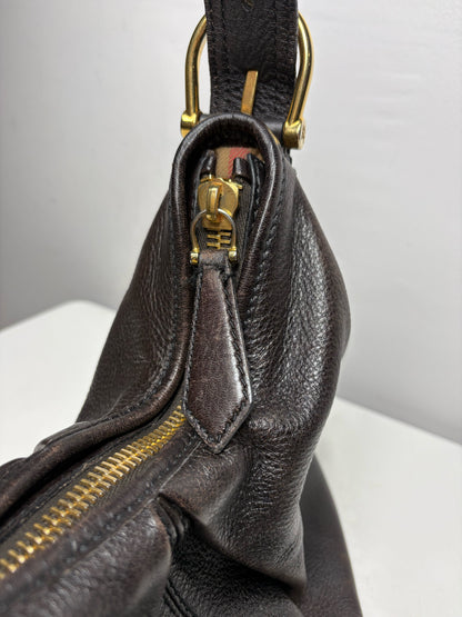 Women's Burberry Malika Vintage Dark Brown Leather Small Pre-Owned Hobo Shoulder Bag