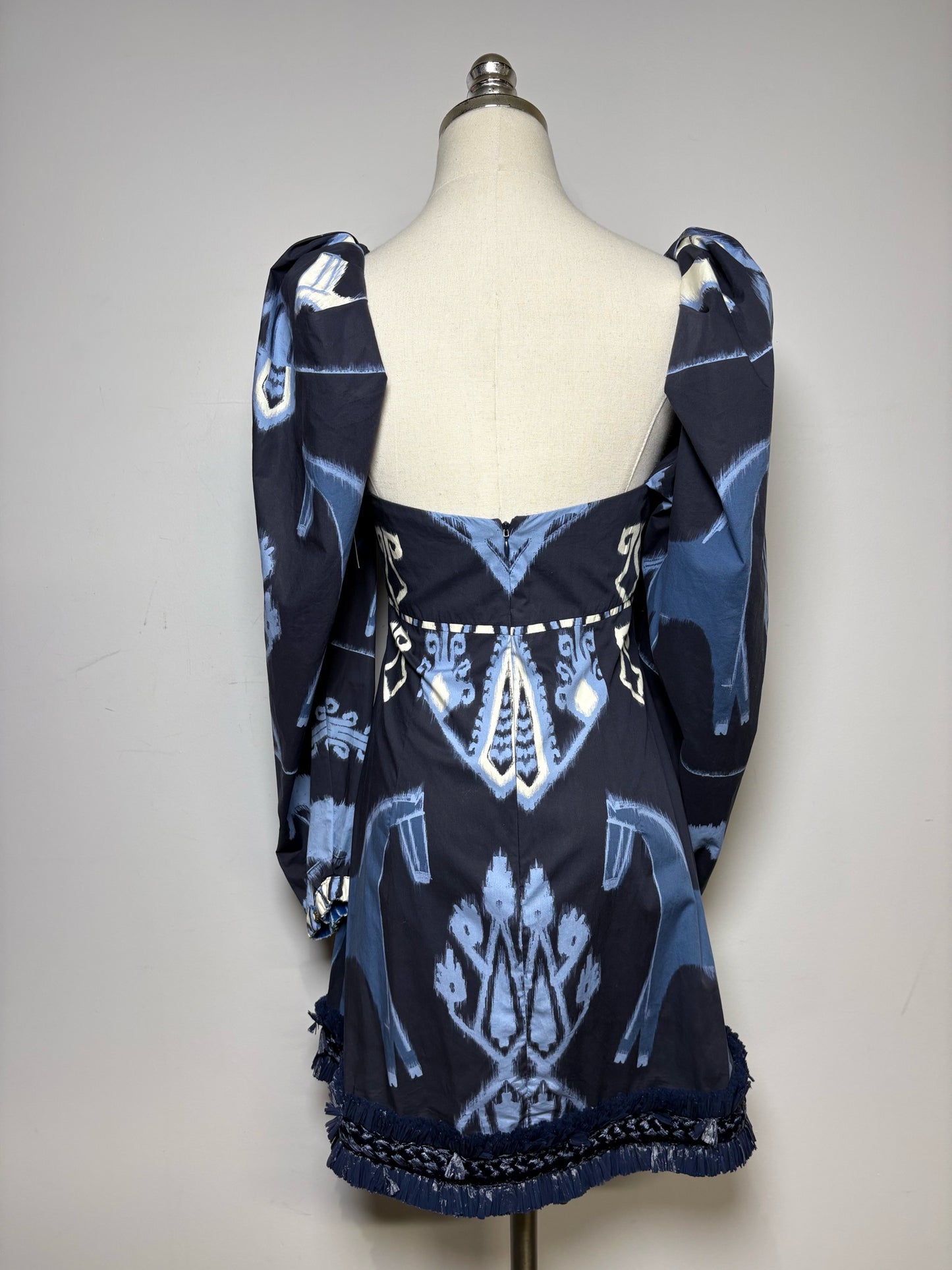 Women's Size S Johanna Ortiz Blue & White Aztec Print Organic Cotton Pre-Owned Mini Dress