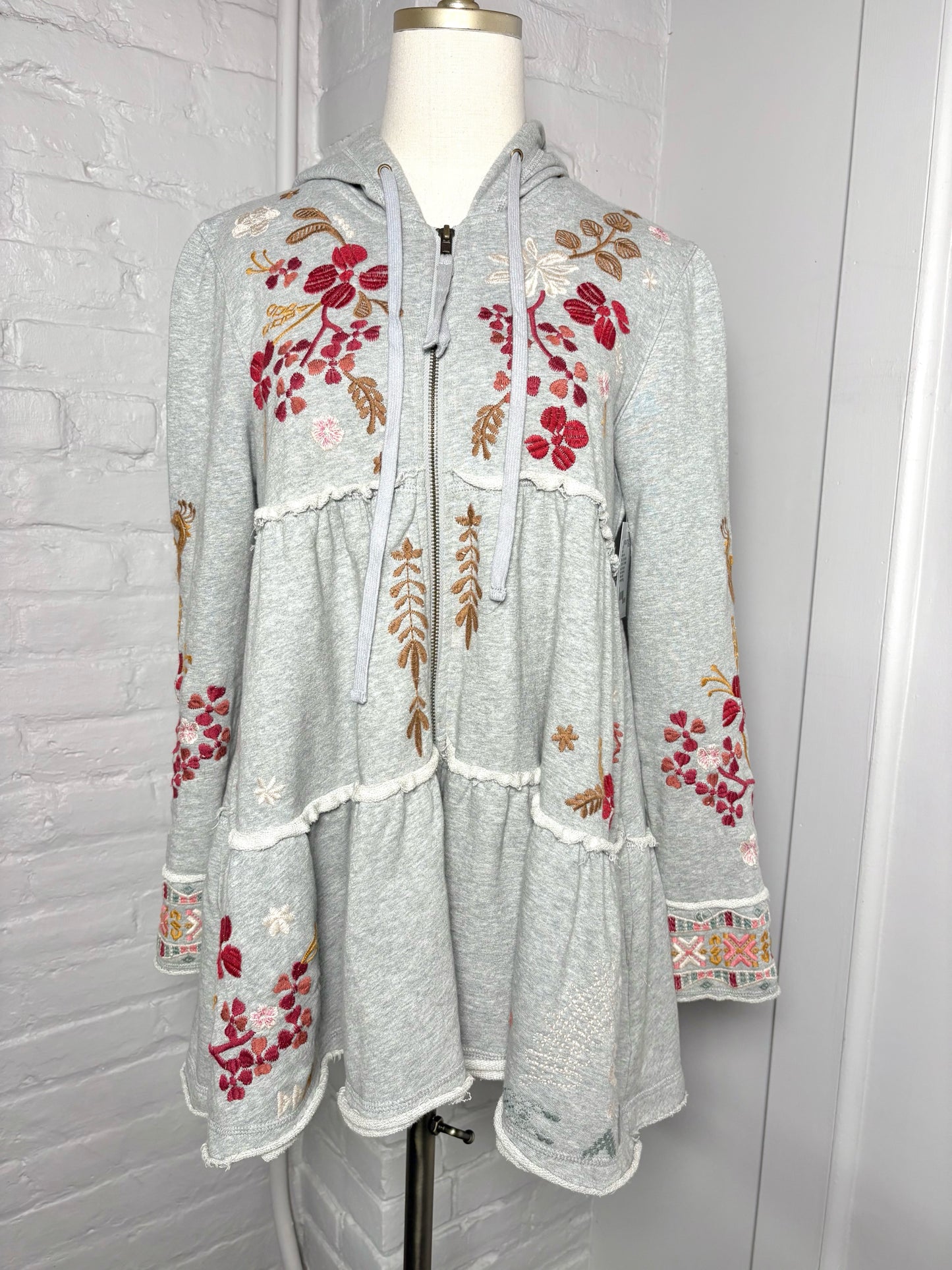 Women Size S Johnny Was Gray Embroidered Cotton Zip Front Hood Jacket