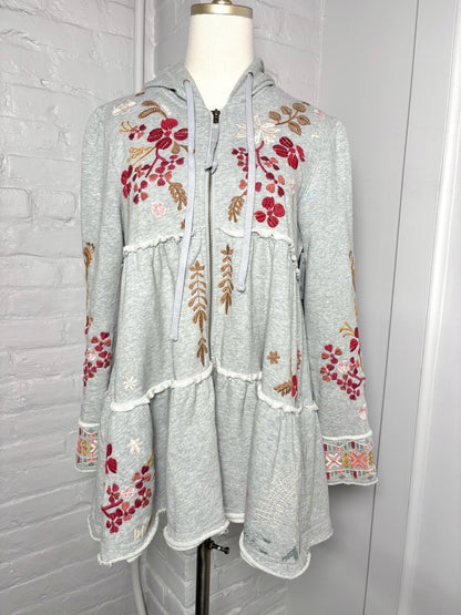 Women Size S Johnny Was Gray Embroidered Cotton Zip Front Hood Jacket
