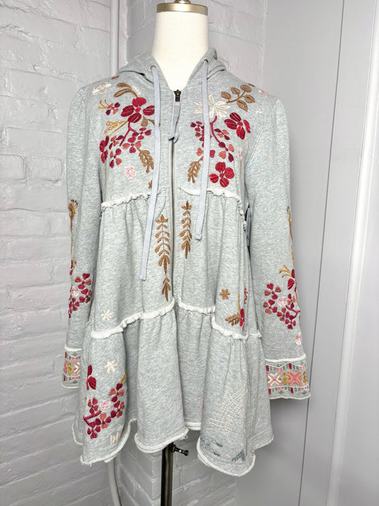 Women Size S Johnny Was Gray Embroidered Cotton Zip Front Hood Jacket