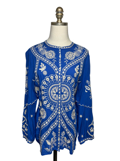 Women Size L Johnny Was Workshop Blue Embroidered Pre-owned Top