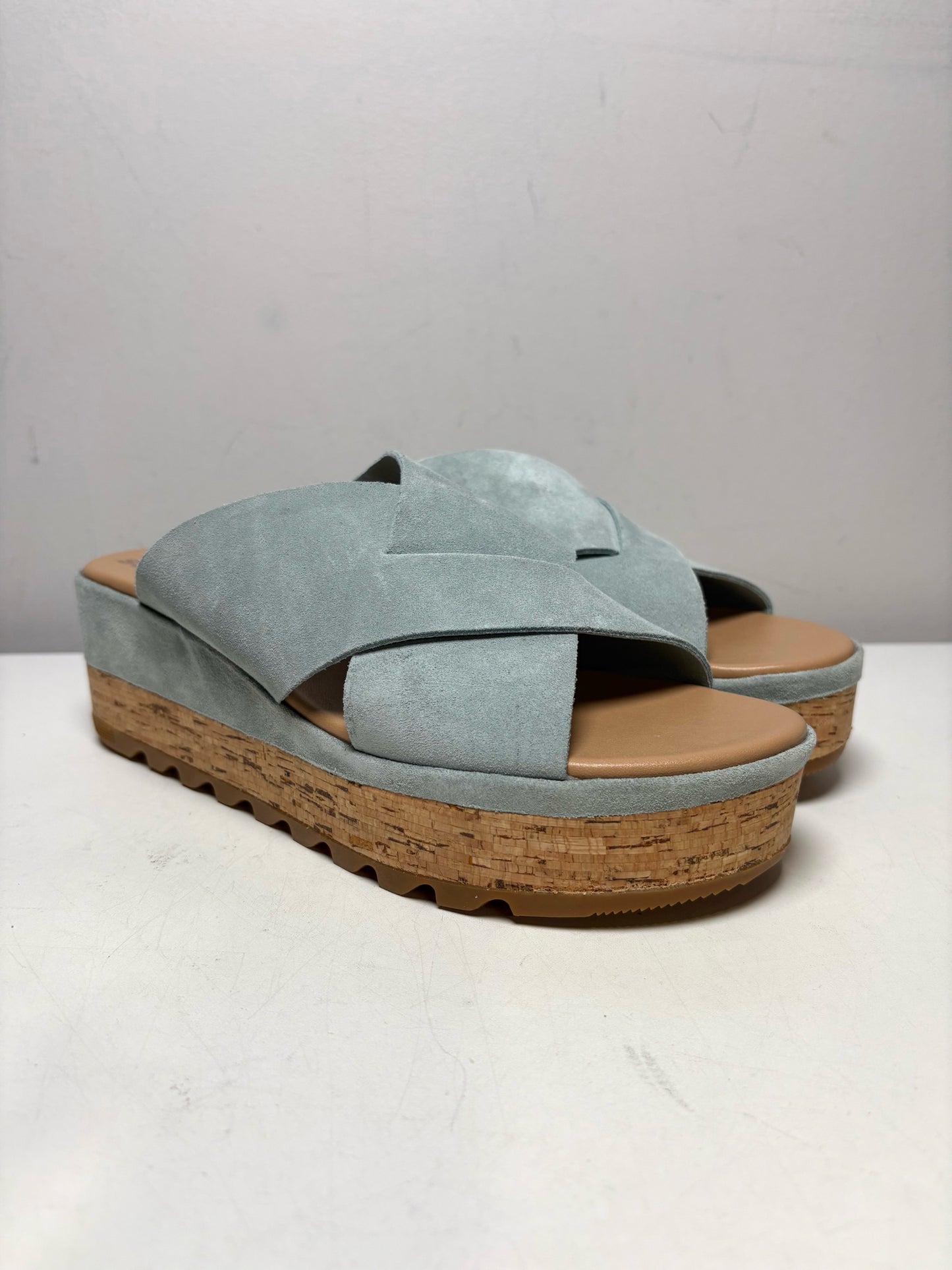 Women Shoe Size 8.5 Sorel Blue Suede & Cork NWT Pre-Owned Cameron Flatform Mule Sandals
