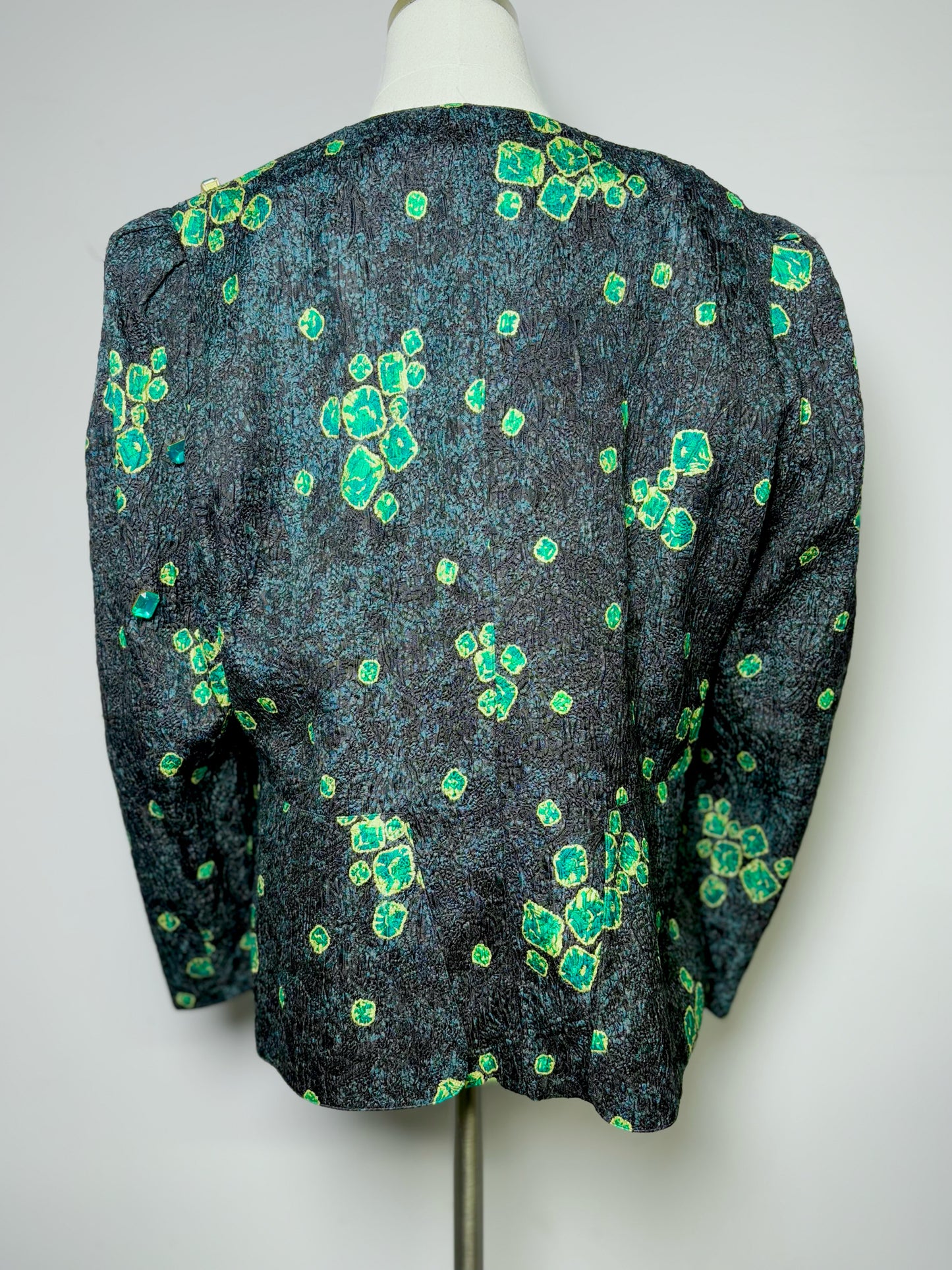 Women Size 16 (XL) Louis Feraud Green, Black Embellished Silk Blend Jacket