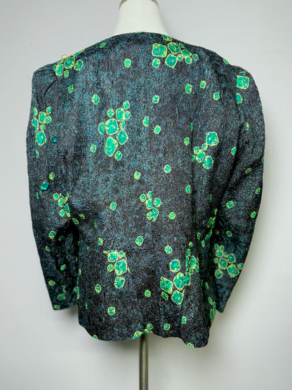 Women Size 16 (XL) Louis Feraud Green, Black Embellished Silk Blend Jacket