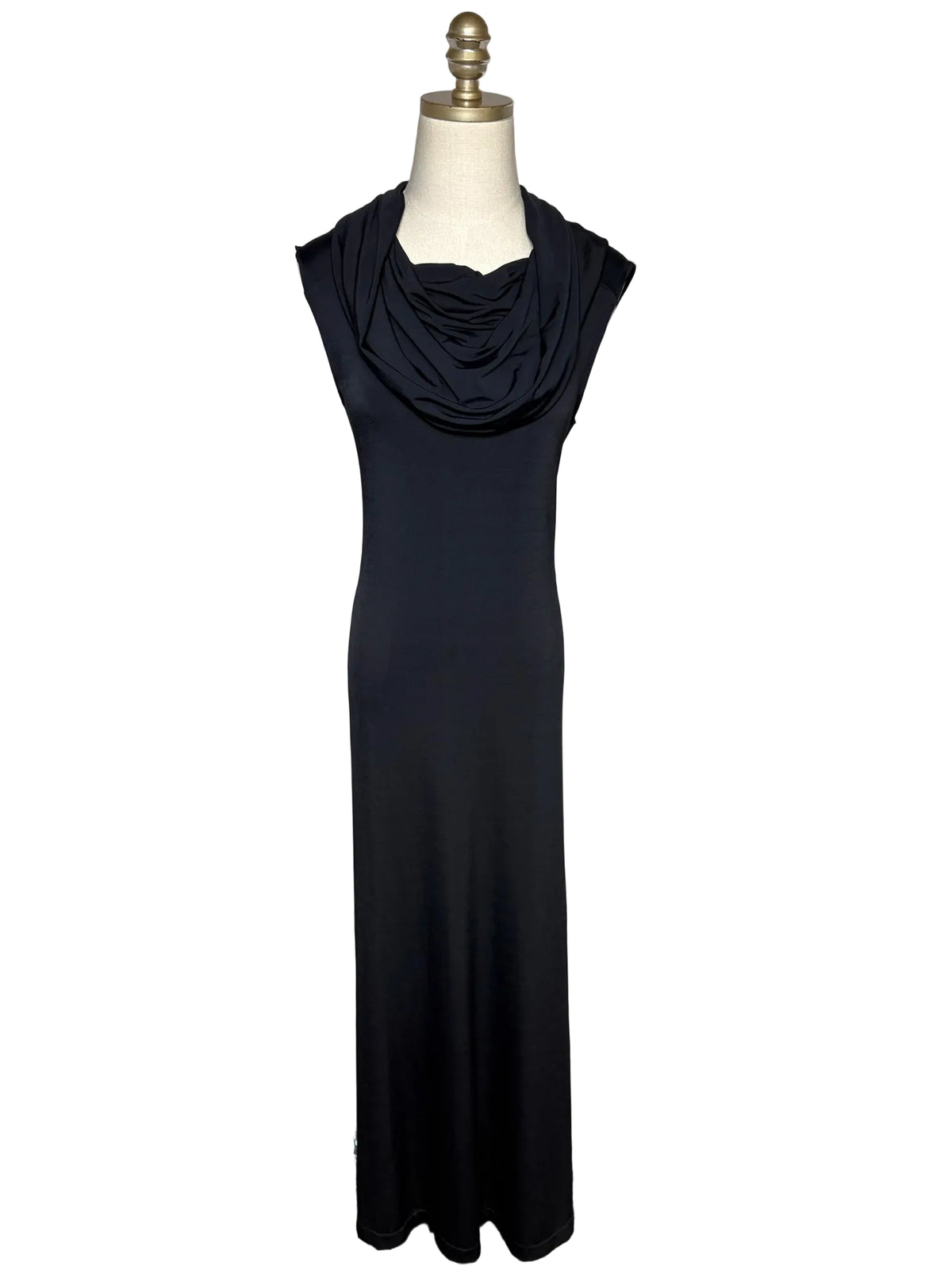 Black cap sleeve cowl neck dress on a mannequin.