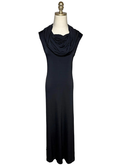 Black cap sleeve cowl neck dress on a mannequin.