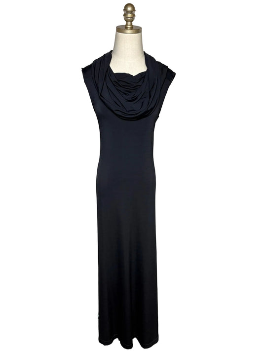 Black cap sleeve cowl neck dress on a mannequin.
