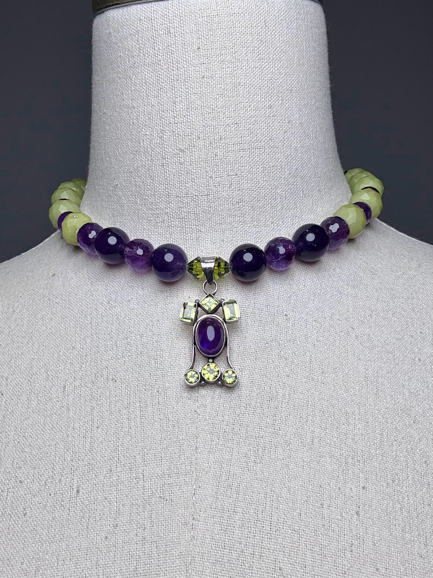 Peridot, Amethyst, Resin Beads Sterling Silver Pre-owned Necklace