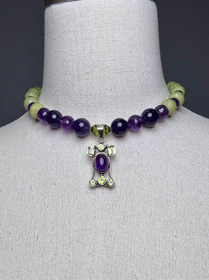 Peridot, Amethyst, Resin Beads Sterling Silver Pre-owned Necklace