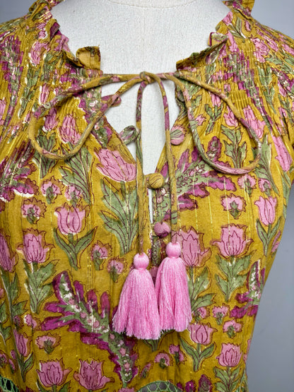 Women Size XS Clara the Label Olive Green Pink Gold Print Cotton NWT Pre-Owned Midi Dress
