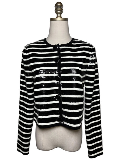 Mannequin wearing black and white stripe sequin jacket