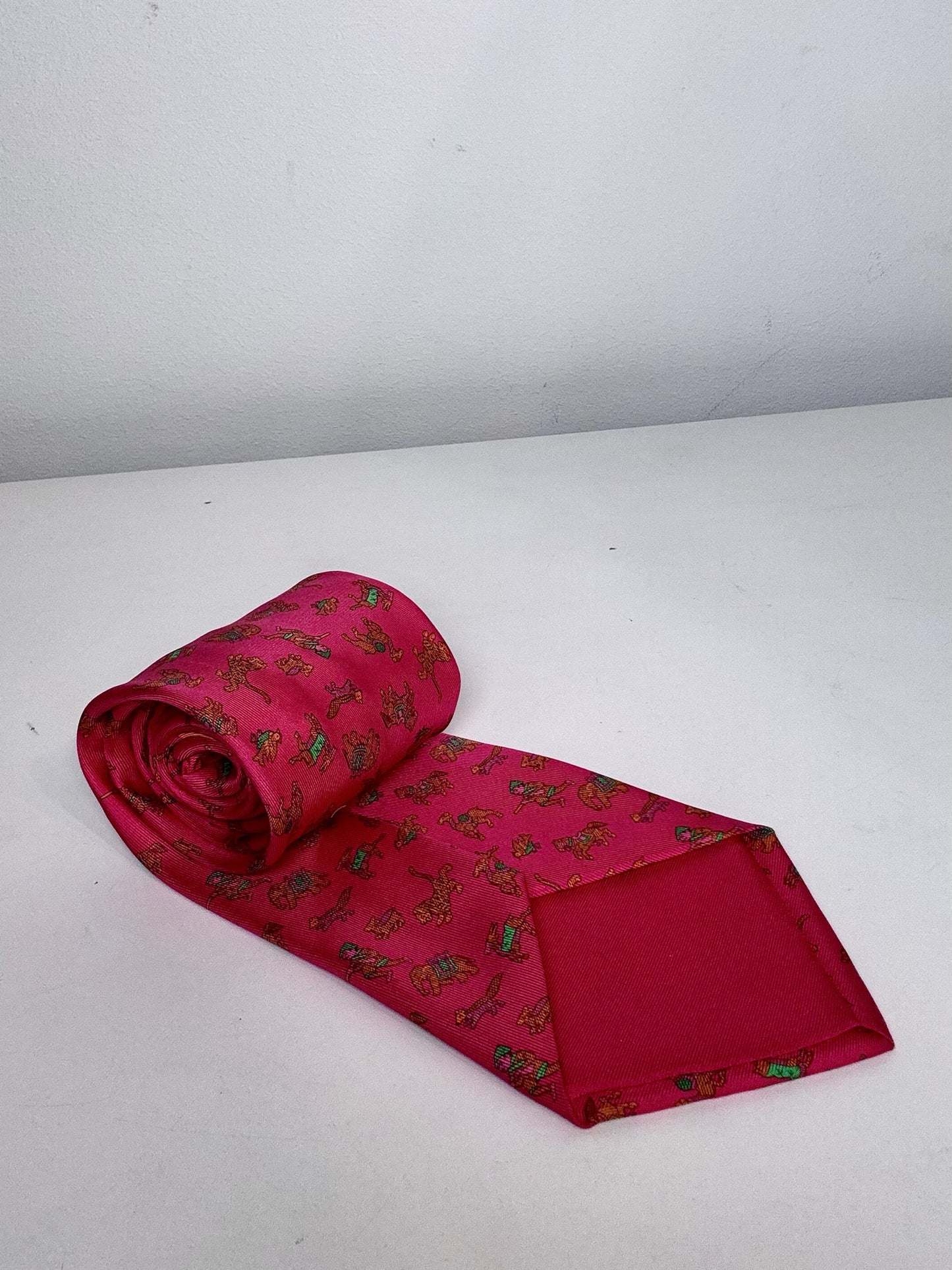 Hermes Pink Silk Safari Tiger Camel Men's Pre-owned Tie
