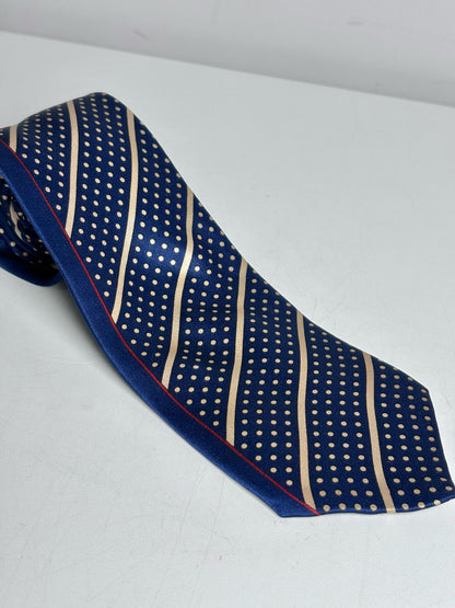 Bijan Navy Blue, Gold 100% Silk Dots, Diagonal Stripes Men's Pre-owned Tie