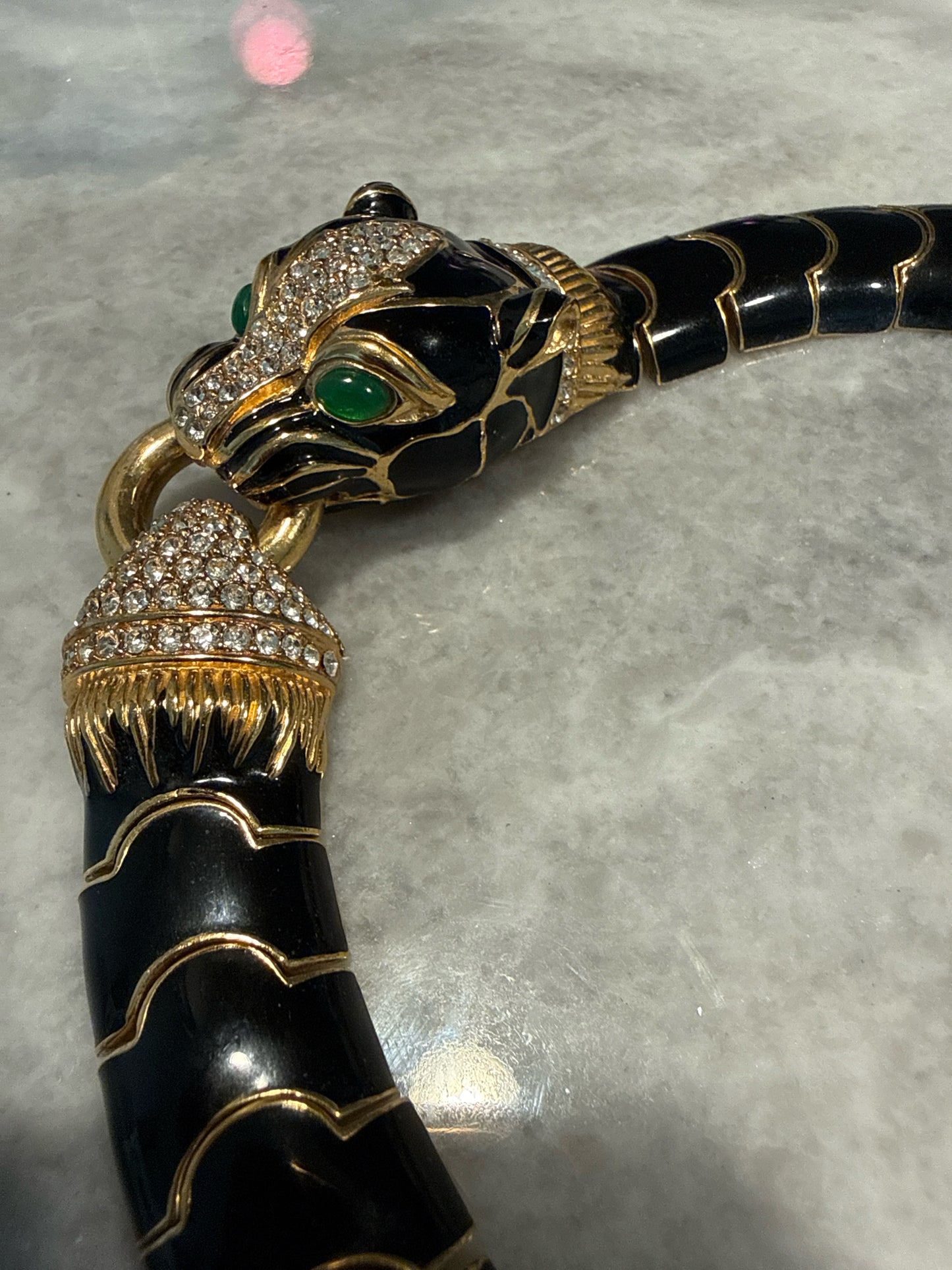 Ciner 18K Gold, Swarovski Crystals Vintage Enamel Panther Choker Necklace