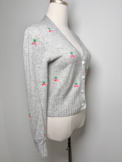 Women Size XS Brodie Gray Embroidered Cherries Cashmere Sweater