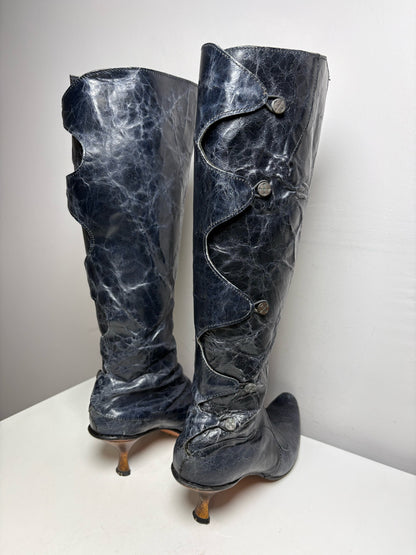 Women's Shoe Size 39 Cydwoq Kappa Deep Navy Leather Rare Pre-Owned Knee-High Boots