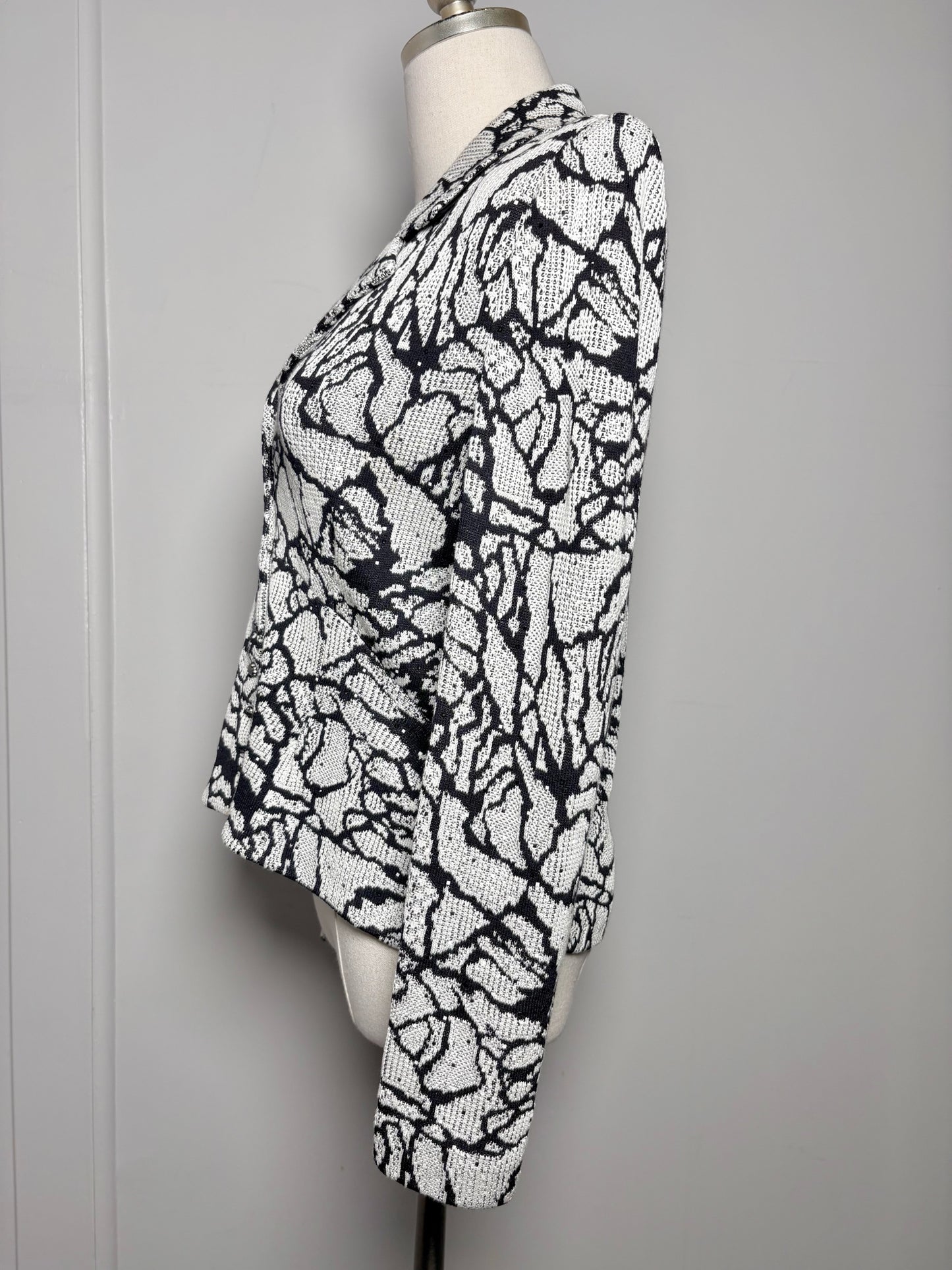 Women Size 4 St. John White, Black Floral Print Wool, Rayon Jacket