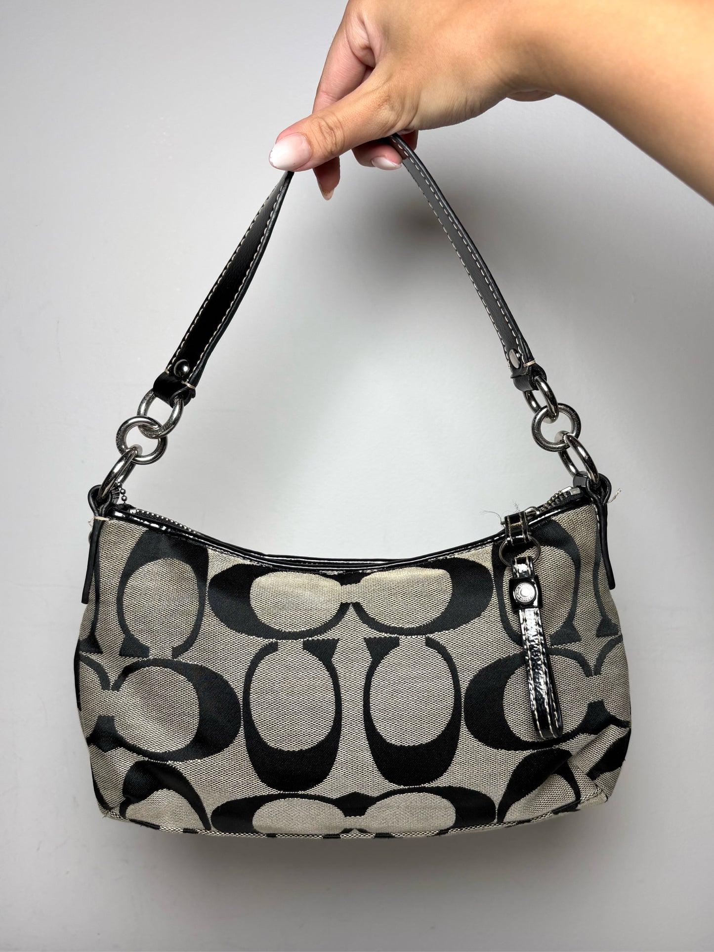 Women's Coach Black & Grey Signature Canvas Y2K Vintage Pre-Owned Half Moon Shoulder Bag