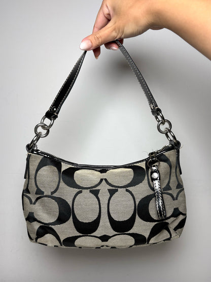 Women's Coach Black & Grey Signature Canvas Y2K Vintage Pre-Owned Half Moon Shoulder Bag