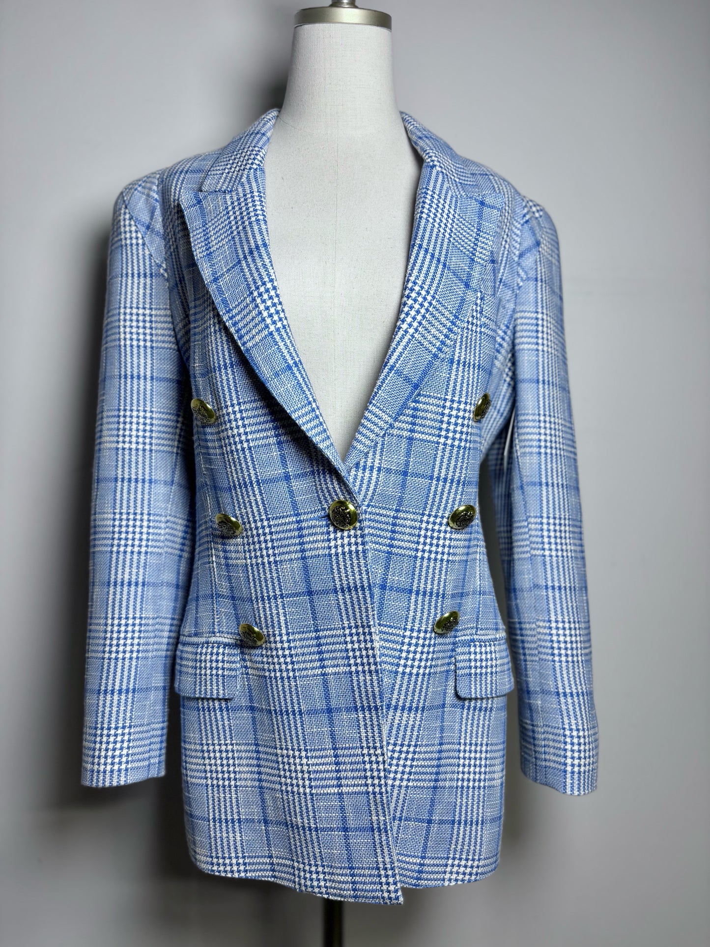 Women Size 10 Smythe Blue, White Plaid Cotton/Linen Pre-owned Jacket