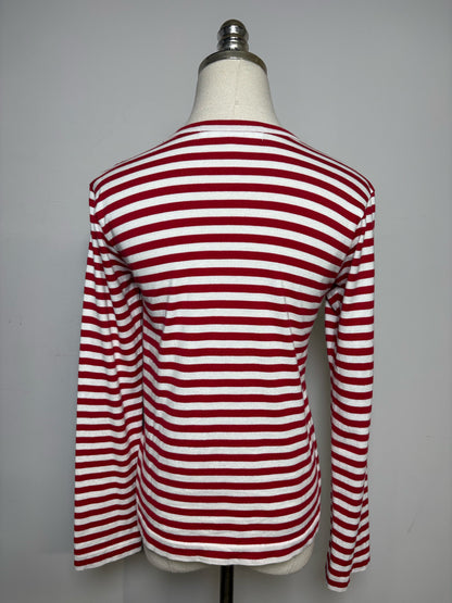 Women Size S Comme des Garçons Red & White Striped Pure Cotton Pre-Owned Heart Patch Shirt
