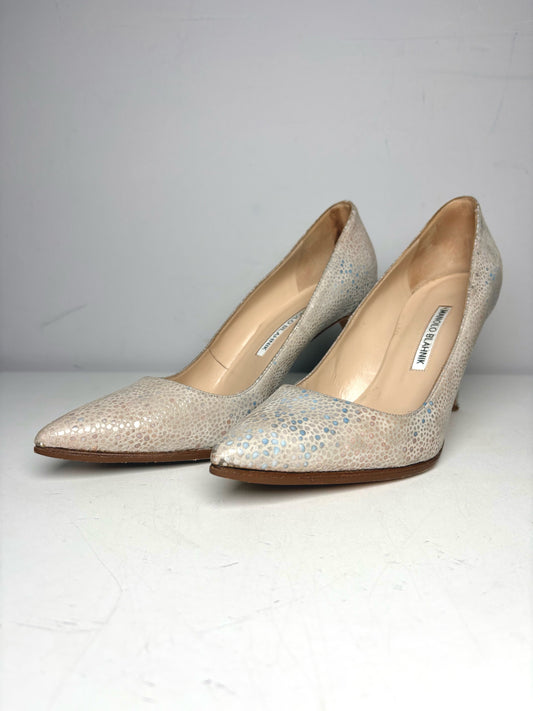 W Shoe Size 38 Manolo Blahnik Bone Snakeskin Effect Pre-owned Heels