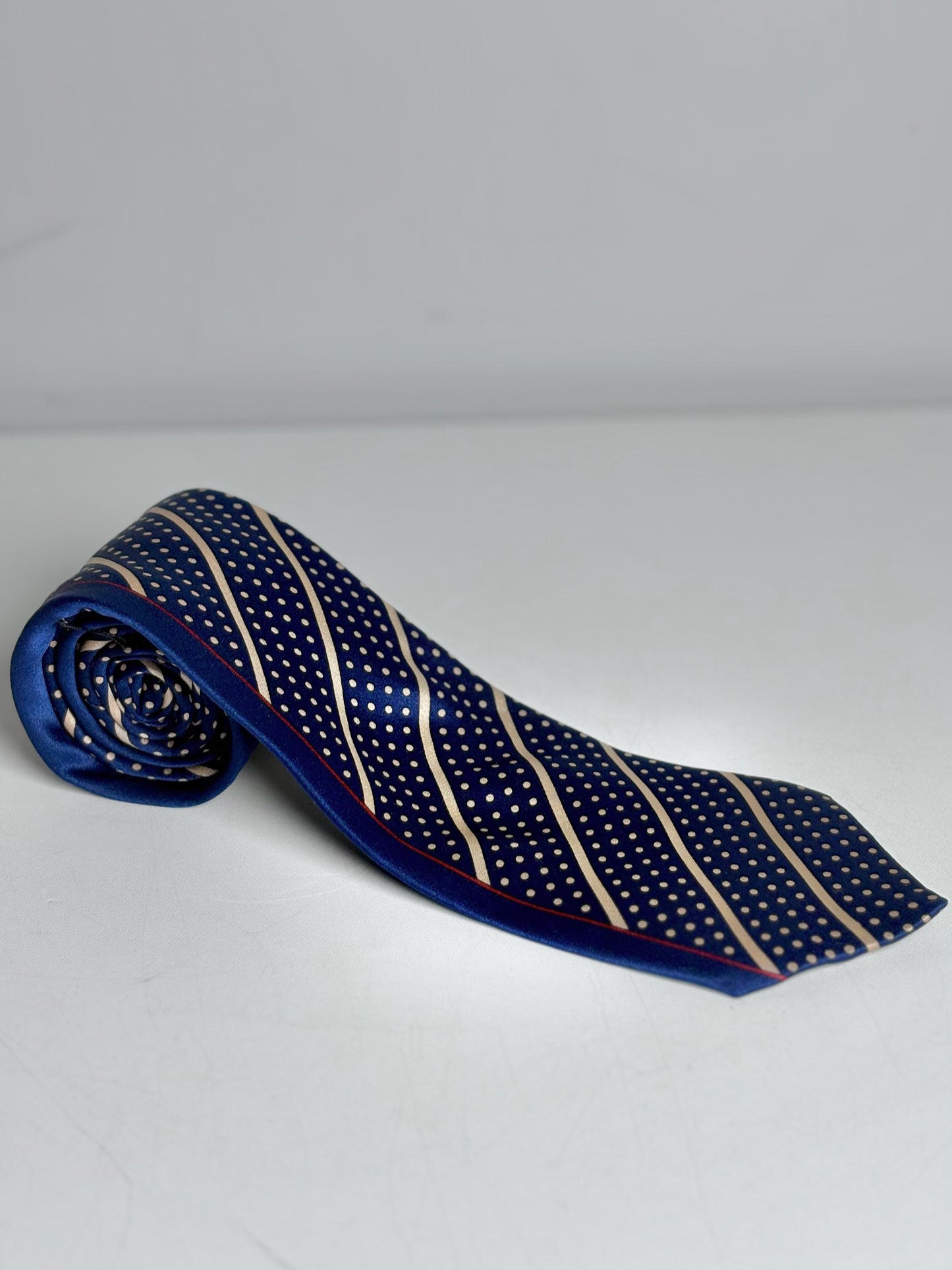 Bijan Navy Blue, Gold 100% Silk Dots, Diagonal Stripes Men's Pre-owned Tie