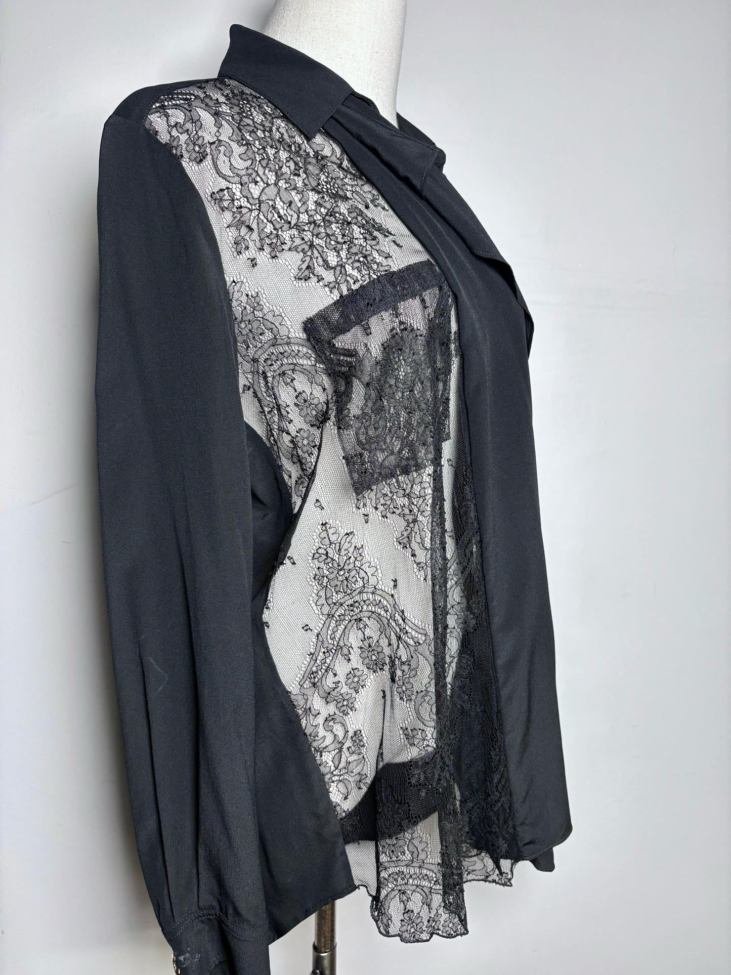 Women Size 4 Burberry Black Pure Silk, Lace Panels Blouse