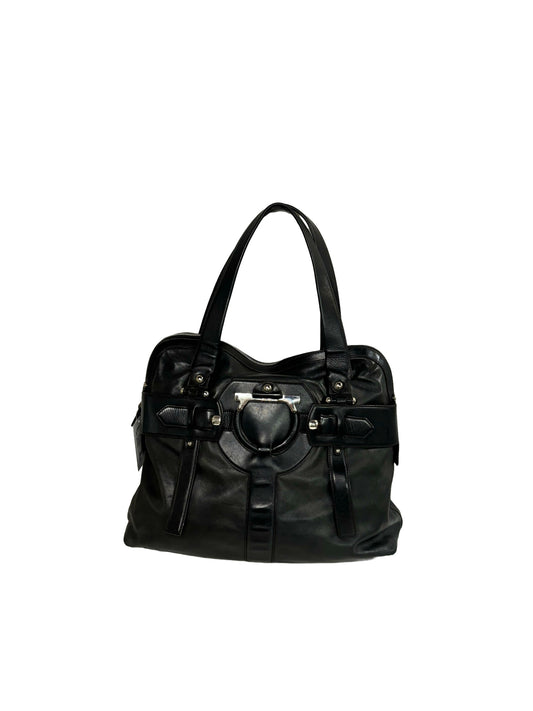 Black Salvatore Ferragamo Solid Leather Satchel Large Purse