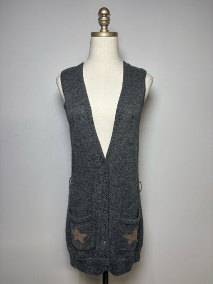 Women Size M Rhys Dwfen Gray Bird Baby Alpaca Vintage Pre-Owned Long Cardigan Sweater