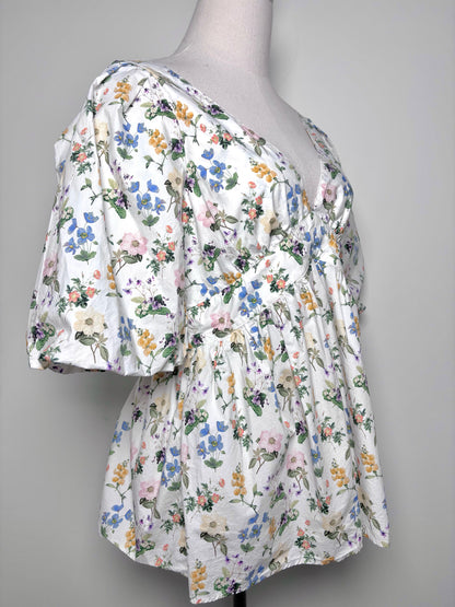Women Size M Marissa Webb White, blue, pink, green, yellow Floral Cotton Blouse
