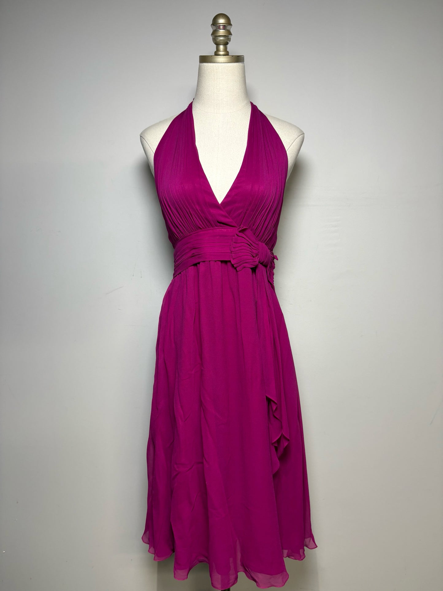 Women Size S Alice + Olivia Magenta Pink Silk NWT Pre-Owned Halter Cocktail Midi Dress