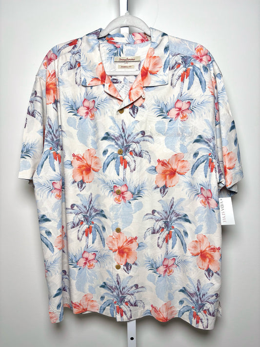 Mens Size XL/Tall Tommy Bahama Cream, Peach, Blue Silk Hawaiian/Tropical Shirt