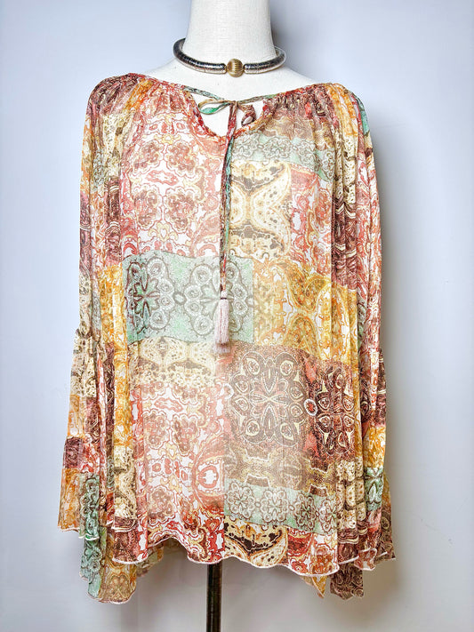 Women Size XL Johnny Was Orange Floral Silk Sheer Blouse
