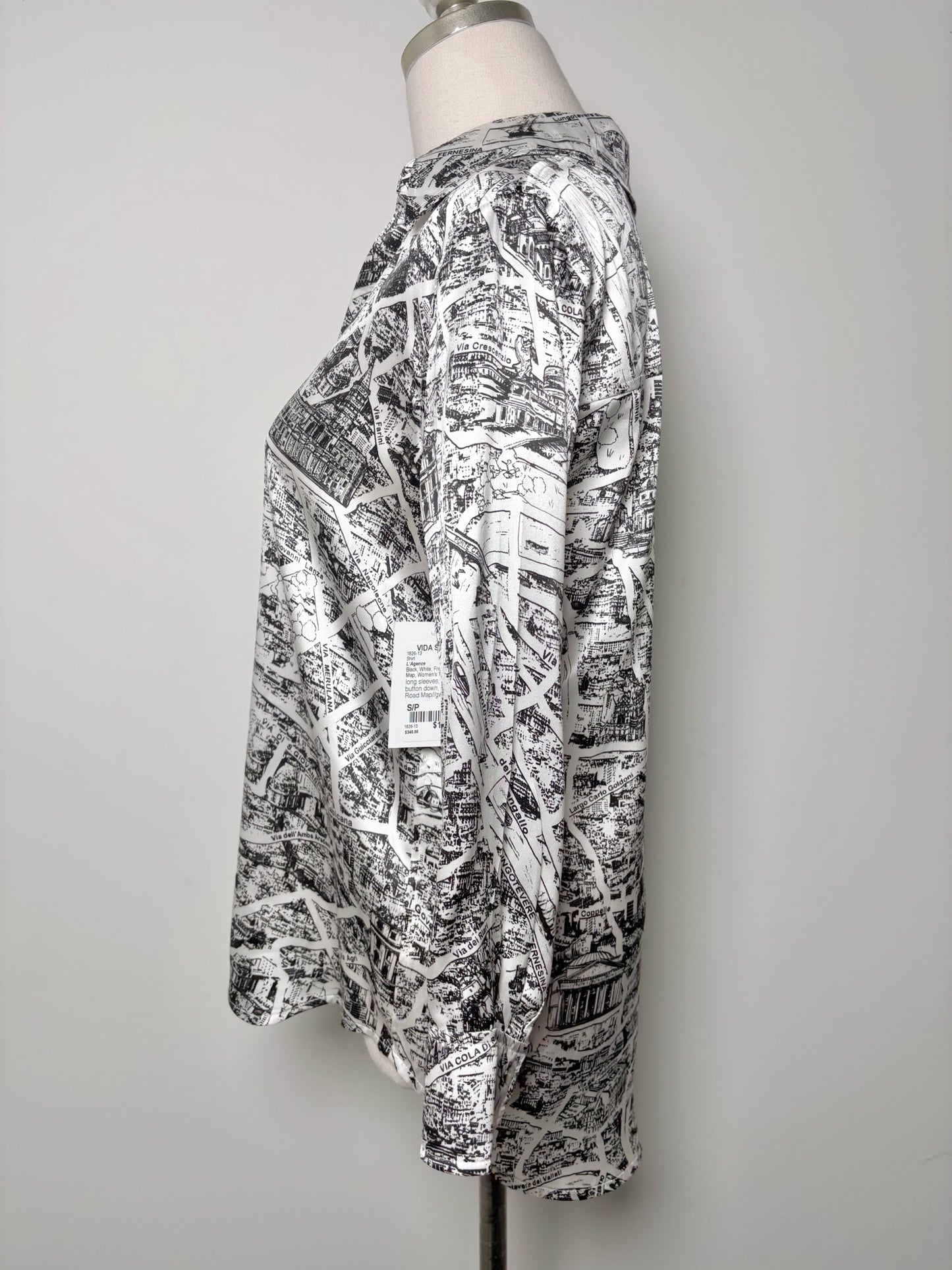 Women Size S/P L'Agence Black, White French Road Map Silk Shirt