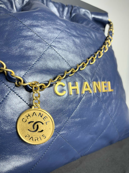 Chanel 22 Calfskin Leather Metallic Navy Blue Quilted Purse