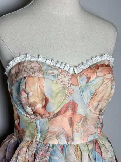 Women Size L Selkie Tan Fairies Print Strapless Pre-owned Dress