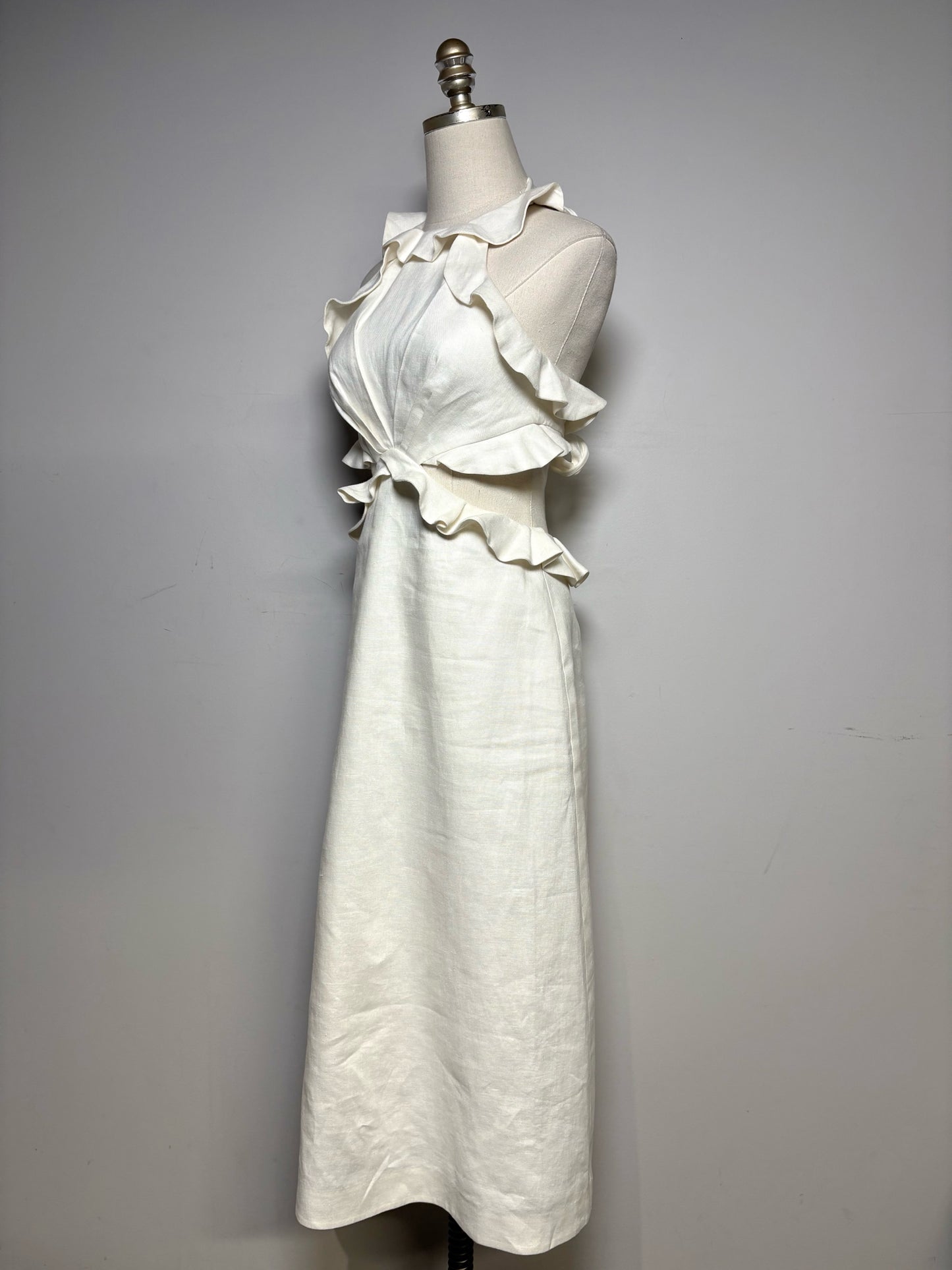 Women Size 0 Zimmermann Ivory Pure Linen Pre-Owned Lovestruck Cutout Halterneck Midi Dress