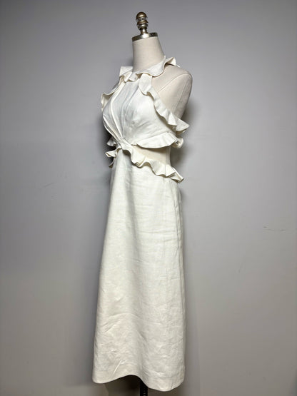 Women Size 0 Zimmermann Ivory Pure Linen Pre-Owned Lovestruck Cutout Halterneck Midi Dress