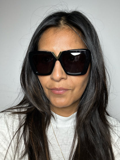 Valentino Garavani V Gold II Sunglasses Women's Pre-owned Black Acetate