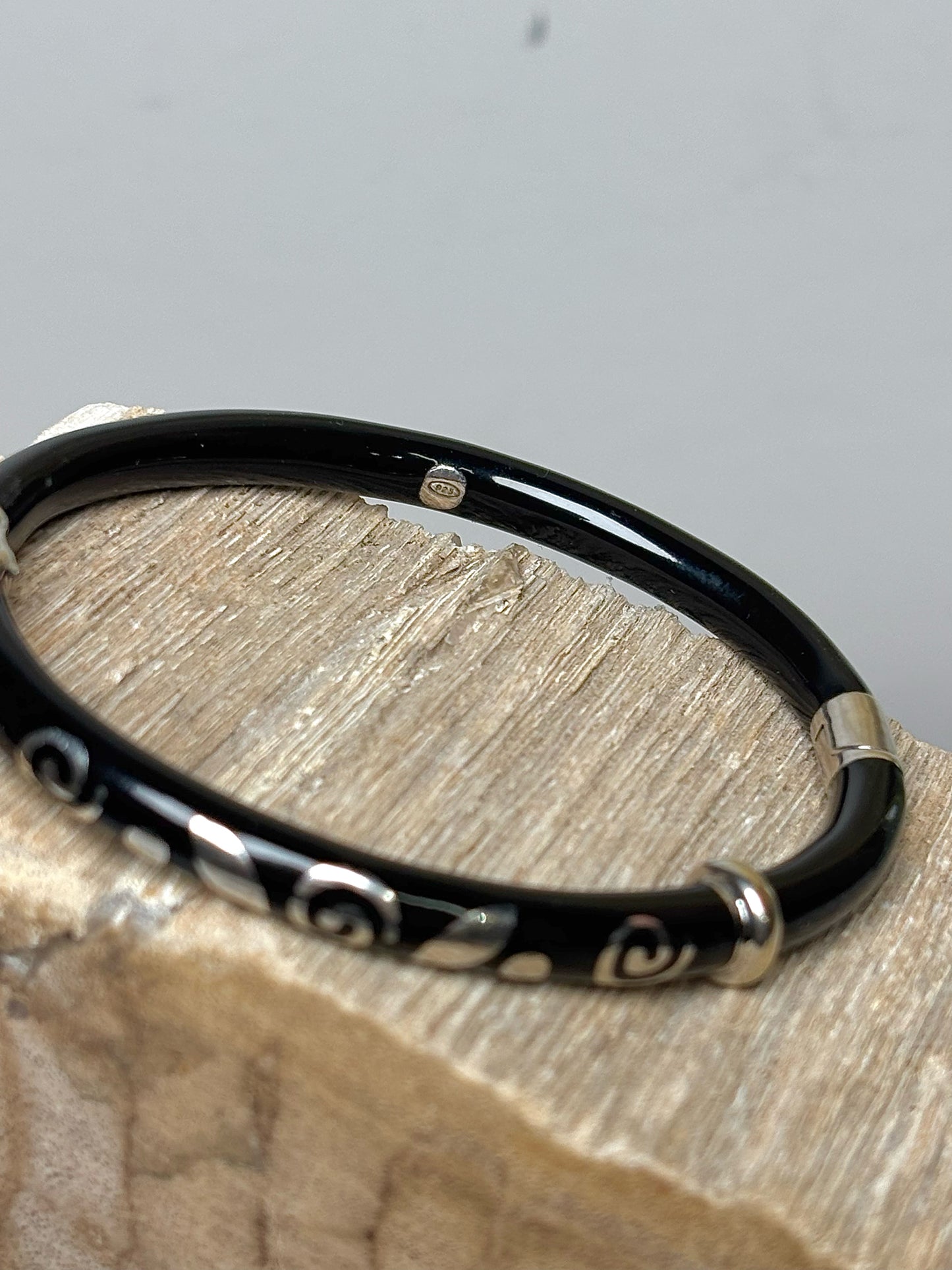 Black Enamel 18K Gold Sterling Silver Swirl Hinge Bangle
