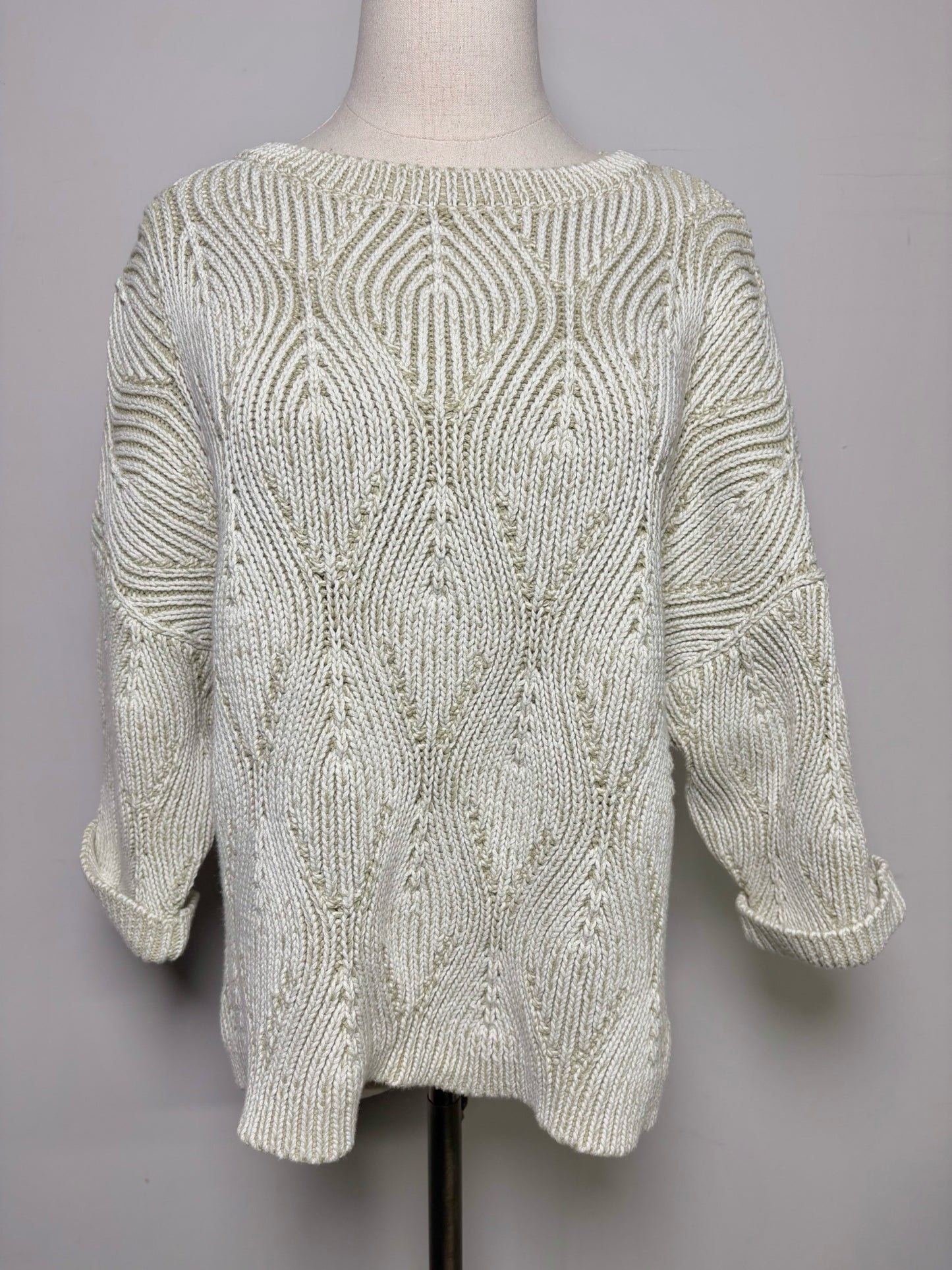Women Size 12 Poetry Sage, White Knitted 100% Cotton Sweater