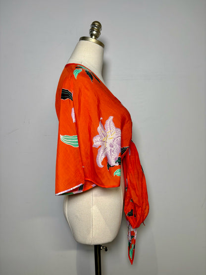 Women's Size S Diane von Furstenberg Red Lavender Iris Print Cotton Silk Pre-Owned Wrap Top