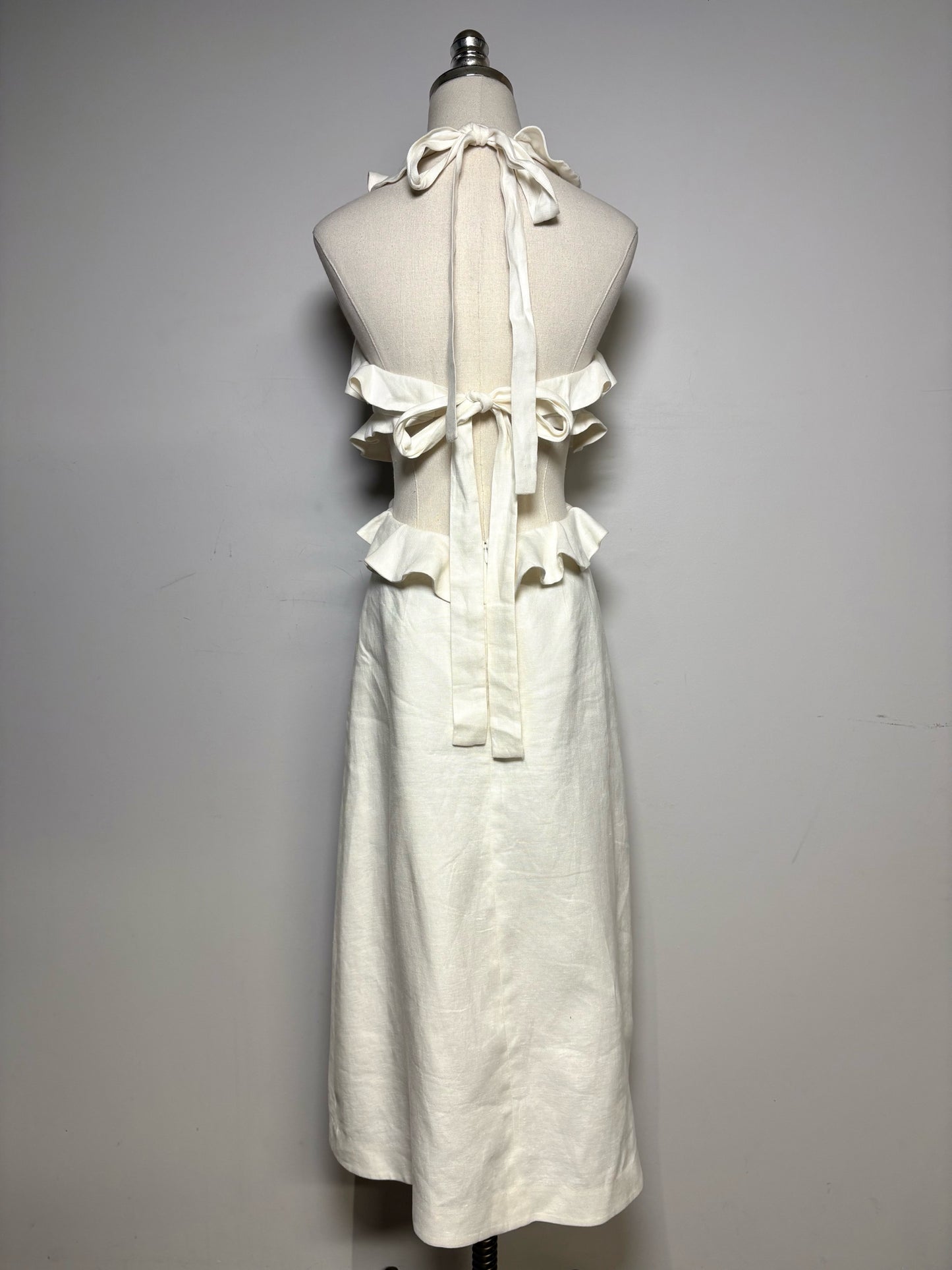Women Size 0 Zimmermann Ivory Pure Linen Pre-Owned Lovestruck Cutout Halterneck Midi Dress