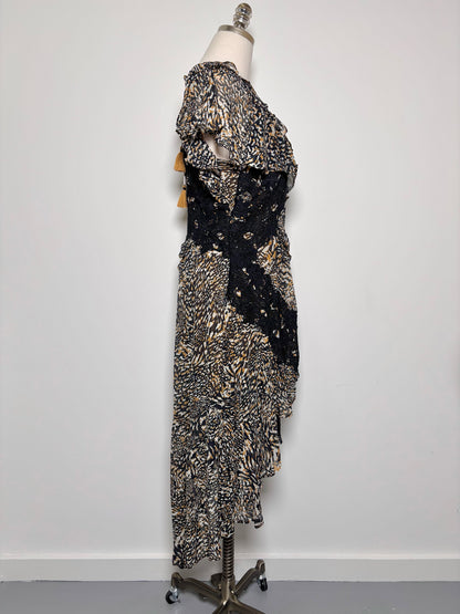 Women Size 8P Anthropologie Black, Gold Floral Lace Trim NWT Dress