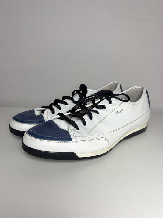 Salvatore Ferragamo White, Blue Leather Colorblock Men's Pre-owned 11 Sneakers