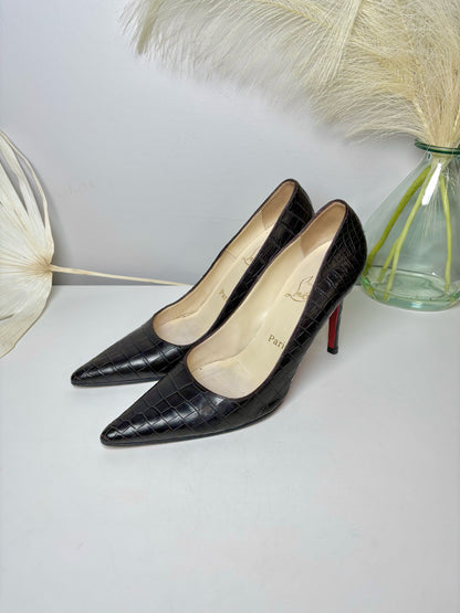 W Shoe Size 39 Christian Louboutin Dark Brown Leather Croc Embossed Heels