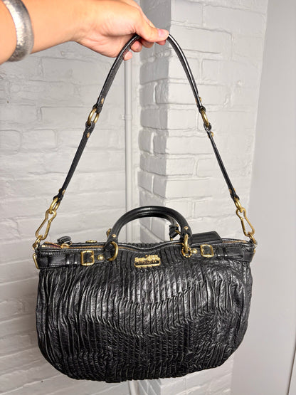 Coach Pleated Vintage Leather Black Handle#18620 Purse