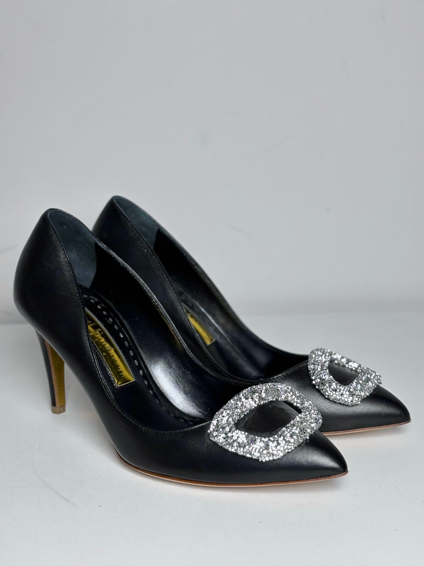 W Shoe Size 36.5 Rupert Sanderson Nada Crystal Adorned Black Pre-owned Heels
